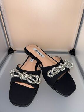 Forever Link Black Double Bow Charm Embellished Slide Flat Sandals Size 5 New